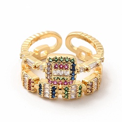 Cubic Zirconia Rectangle Open Cuff Ring, Golden Brass Jewelry for Women, Colorful, Inner Diameter: 17mm(KK-A180-34G)