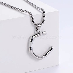 3Pcs Stainless Steel Textured Letter Pendant Box Chain Necklaces, Stainless Steel Color, Letter C(LW4134-29)