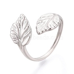 304 Stainless Steel Cuff Open Rings for Women, Leaf, Stainless Steel Color, Inner Diameter: 19mm(RJEW-N052-26P)