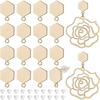 8 Pairs Brass Stud Earring Findings, with Horizontal Loops and 40 Plastic Ear Nuts, Hexagon, Real 14K Gold Plated, 11.5x8x1.5mm, Hole: 1.2mm, Pin: 1mm