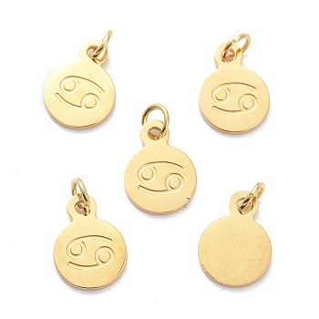 Golden Plated 304 Stainless Steel Charms, Flat Round with Constellations Pattern, Cancer, 13.5x10x1mm, Jump Ring: 5x1mm, Hole: 3mm