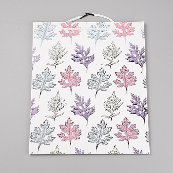 Paper Bags with Handle, with Cotton Cord Handles, Merchandise Bag, Gift, Party Bag, Rectangle with Maple Leaf Pattern, White, 32x26x0.3cm