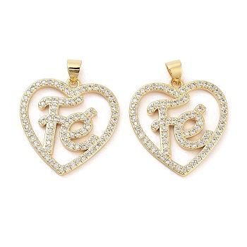 Rack Plating Brass Micro Pave Clear Cubic Zirconia Pendants, Long-Lasting Plated, Lead Free & Cadmium Free, Heart, Real 18K Gold Plated, 25x24x2mm, Hole: 5x3.5mm