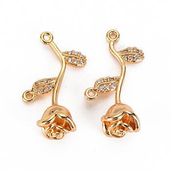 Brass Micro Pave Clear Cubic Zirconia Links Connectors, Nickel Free, Flower, Real 18K Gold Plated, 21x12x7mm, Hole: 0.9~1mm