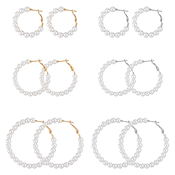 6 Pairs 6 Style Plastic Imitation Pearl Beaded Hoop Earrings with Iron Pins for Women, Platinum & Golden, 35.5~56x34~54x6mm, 1 Pair/style
