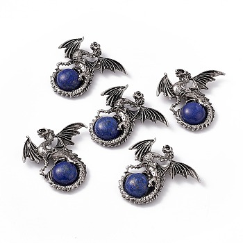 Natural Lapis Lazuli Dome Pendants, Gragon Charms, with Rack Plating Antique Silver Tone Alloy Findings, Cadmium Free & Lead Free, 44x46x9mm, Hole: 5.5x4mm