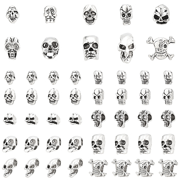 PandaHall Elite 80Pcs 10 Style Halloween Tibetan Style Alloy Beads, Large Hole Beads, Skull, Antique Silver, 8~14x5.5~14.5x5~11mm, Hole: 1.2~4.5mm, 8pcs/style