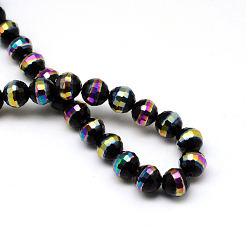 Electroplate Glass Beads Strands, Faceted Round, Black, 10x9.5mm, Hole: 1.5mm, about 32pcs/strand, 11.97 inch(30.4cm)