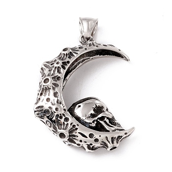 304 Stainless Steel Pendants, Moon & Skull, Antique Silver, 43.5x38.5x11mm, Hole: 8x4.5mm