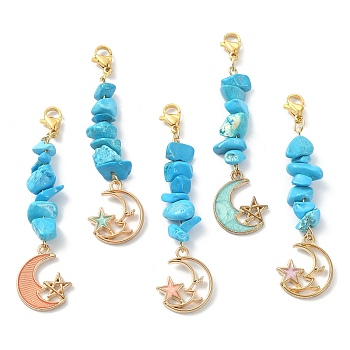 Synthetic Turquoise Chip Beaded Pendant Decorations, with Alloy Enamel Moon with Star Charm and 304 Stainless Steel Lobster Claw Clasps, Mixed Color, 63.5mm, 5 style, 1pc/style, 5pcs/set