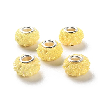 AB Color Resin Rose Flower European Beads, Rondelle Large Hole Beads, with Platinum Tone Alloy Double Cores, Yellow, 14x9mm, Hole: 5mm