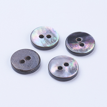 Natural Black Lip Shell Buttons, 2-Hole, Flat Round, Black, 10x2mm, Hole: 1.5mm