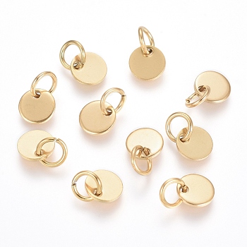Ion Plating(IP) 304 Stainless Steel Charms, Stamping Blank Tag, with Jump Rings, Flat Round, Golden, 6x0.7mm, Hole: 3.5mm
