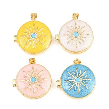Brass Locket Pendants, with Enamel & Cubic Zirconia, Cadmium Free & Lead Free, Real 18K Gold Plated, Rack Plating, Long-Lasting Plated, Flat Round with Sun Charms, Mixed Color, 27x26.5x10mm, Hole: 3x5mm, Inner Diameter: 20mm