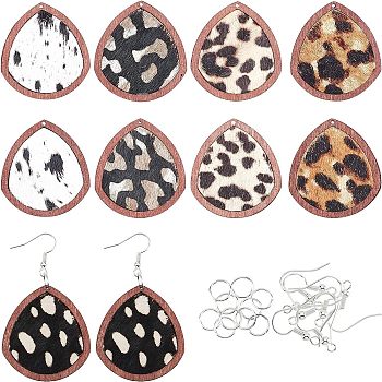 Olycraft DIY Earring Making Kit, Including 10Pcs 5 Color Eco-Friendly Cowhide Leather Pendants, with Dyed Wood, Teardrop with Leopard Print, 10Pcs Iron Earring Hooks, 10Pcs Iron Open Jump Rings, Mixed Color, 41x37.5x4mm, 2Pcs/Color