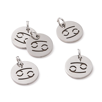 304 Stainless Steel Charms, Flat Round with Constellation/Zodiac Sign, Cancer, 12x1mm, Hole: 3mm