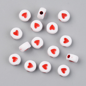 Opaque Acrylic Beads, Flat Round with Heart, Red, 7x4mm, Hole: 1.8mm, 3800pcs/500g