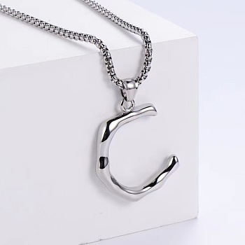 3Pcs Stainless Steel Textured Letter Pendant Box Chain Necklaces, Stainless Steel Color, Letter C