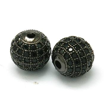 Brass Cubic Zirconia Beads, Round, Gunmetal, 10mm, Hole: 2mm