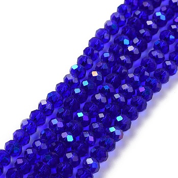 Electroplate Glass Beads Strands, Half Rainbow Plated, Faceted, Rondelle, Blue, 2.5x2mm, Hole: 0.4mm, about 195pcs/strand, 11 inch(27.5cm)