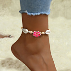 Cowrie Shell & Wood Beaded Anklets, Flower, Deep Pink, 8-1/4 inch(210mm)(WGC96C8-04)