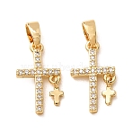 Brass Micro Pave Clear Cubic Zirconia Pendants, Double Cross Charms, Real 18K Gold Plated, 16.5x9.5x1.5mm, Hole: 3x4mm(CU-CBAB2E9-01G)