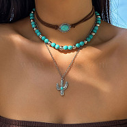 3Pcs 3 Styles Retro Synthetic Turquoise & CCB Plastic Beaded Necklace Set, Cactus Alloy Pendant Necklaces for Women, Antique Silver & Platinum, 12.87~16.42 inch(32.7~41.7cm), 1pc/style(NJEW-B120-01A)