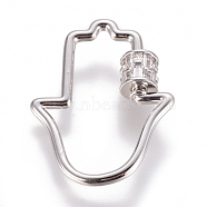 Brass Micro Pave Cubic Zirconia Screw Carabiner Lock Charms, for Necklaces Making, Hamsa Hand/Hand of Fatima/Hand of Miriam, Clear, Platinum, 31.5x24x2~5.5mm(ZIRC-F105-11P)