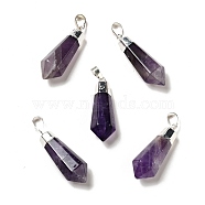 Natural Amethyst Pointed Pendants, with Silver Tone Brass Findings, Bullet, 35~36.5x13~13.5x12mm, Hole: 5x7mm(G-P474-02S-07)