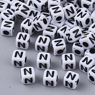 White Opaque Acrylic Beads, Horizontal Hole, Cube with Black Alphabet, Letter.N, 4~5x4~5x4~5mm, Hole: 1.8mm, about 6470~6500pcs/500g(MACR-R869-02N)