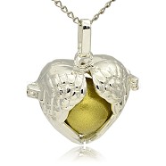 Silver Color Plated Brass Hollow Heart Cage Pendants, with No Hole Spray Painted Brass Ball Beads, Dark Khaki, 28x30x16mm, Hole: 3x8mm(KK-J241-01S)
