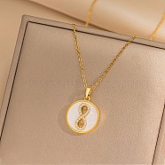 Flat Round with Number 8 Shell & Cubic Zirconia Pendant Necklaces, 304 Stainless Steel Necklaces for Women, Golden, 15.79 inch(40.1cm)(NJEW-D288-04G)