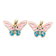 Brass Micro Pave Cubic Zirconia Pendants, with Enamel, Real 18K Gold Plated, Long-Lasting Plated, Butterfly, Colorful, 22x32.5x3mm, Hole: 6x3mm(ZIRC-M115-41G-A)