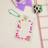 PVC Photocard Sleeve Keychain, with Ball Chains, Wave-Edged Rectangle with Deep Pink Ribbon Pattern, Clear, 110x80mm, Inner Diameter: 100x64mm(ZXFQ-PW0001-093B)