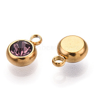 201 Stainless Steel Rhinestone Charms, Birthstone Charms, Flat Round, Golden, Amethyst, 8.5x6x3mm, Hole: 1.5mm(STAS-S068-06G)