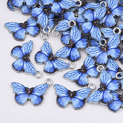 Printed Alloy Pendants, with Enamel, Butterfly, Platinum, Blue, 13.5x20x2mm, Hole: 1.6mm(X-PALLOY-R111-17A)