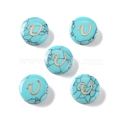 Synthetic Turquoise Beads, with Golden Tone Brass Slices, Flat Round with Letter, Letter U, 15x5.5mm, Hole: 1.4mm(G-A238-02U)