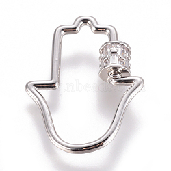 Brass Micro Pave Cubic Zirconia Screw Carabiner Lock Charms, for Necklaces Making, Hamsa Hand/Hand of Fatima/Hand of Miriam, Clear, Platinum, 31.5x24x2~5.5mm(ZIRC-F105-11P)