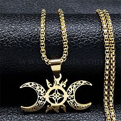 304 Stainless Steel Pendant Necklaces, Hollow Triple Moon Goddess, Golden, 23.46 inch(59.6cm)(NJEW-K253-29G)