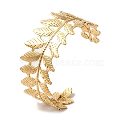 Titanium Steel Hollow Leaf Open Cuff Bangles for Women, Real 18K Gold Plated, Inner Diameter: 2-1/8 inch(5.5cm), 34mm(BJEW-G719-14G)