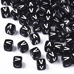 Opaque Acrylic Beads, Horizontal Hole, Alphabet Style, Cube, Black & White, Letter.V, 5x5x5mm, Hole: 2mm, about 500pcs/50g(X-SACR-N002-01V)