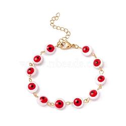 304 Stainless Steel and Enamel Shell Bead Bracelets, Round, Golden, Red, 6-1/2~6-3/4 inch(16.5~17.2cm)(BJEW-C015-20G-02)