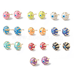 Enamel Half Round with Evil Eye Stud Earrings, Real 18K Gold Plated Brass Jewelry for Women, Mixed Color, 6x10x6mm, Pin: 1mm(EJEW-A093-05G-M)