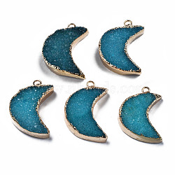 Natural Druzy Agate Pendants, Dyed, with Golden Plated Brass Edge and Loop, Moon, Steel Blue, 28~31.5x21~22.5x7.5~10.5mm, Hole: 2mm(G-Q998-037C)