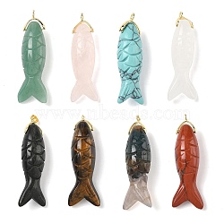 Natural & Synthetic Mixed Gemstone Carved Pendants, Fish Charms with Brass Findings, Golden, 47x15x12mm, Hole: 1.6mm(G-P599-08G)