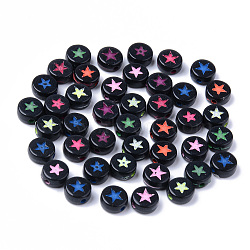 Opaque Black Acrylic Beads, Flat Round with Mixed Color Star, 7x3.5mm, Hole: 1.5mm(X-MACR-S273-44)