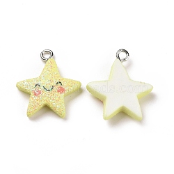 Opaque Resin Pendants, Star Charm, with Glitter Powder and Platinum Tone Iron Loops, Yellow, Star Pattern, 22x19x5mm, Hole: 2mm(RESI-J023-13C)