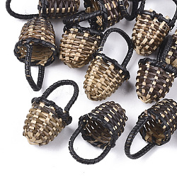 Handmade Reed Cane/Rattan Woven Pendants, For Making Straw Earrings and Necklaces, Basket, Black, 35~40x18~23mm(WOVE-T006-092B)