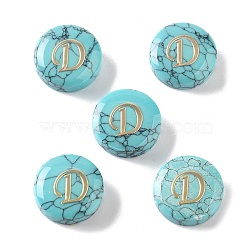 Synthetic Turquoise Beads, with Golden Tone Brass Slices, Flat Round with Letter, Letter D, 15x5.5mm, Hole: 1.4mm(G-A238-02D)