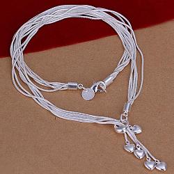 Popular Silver Color Plated Brass 3-strand Snake Chain Necklaces, with Heart Charms and Lobster Claw Clasps, 18 inches(NJEW-BB12708)